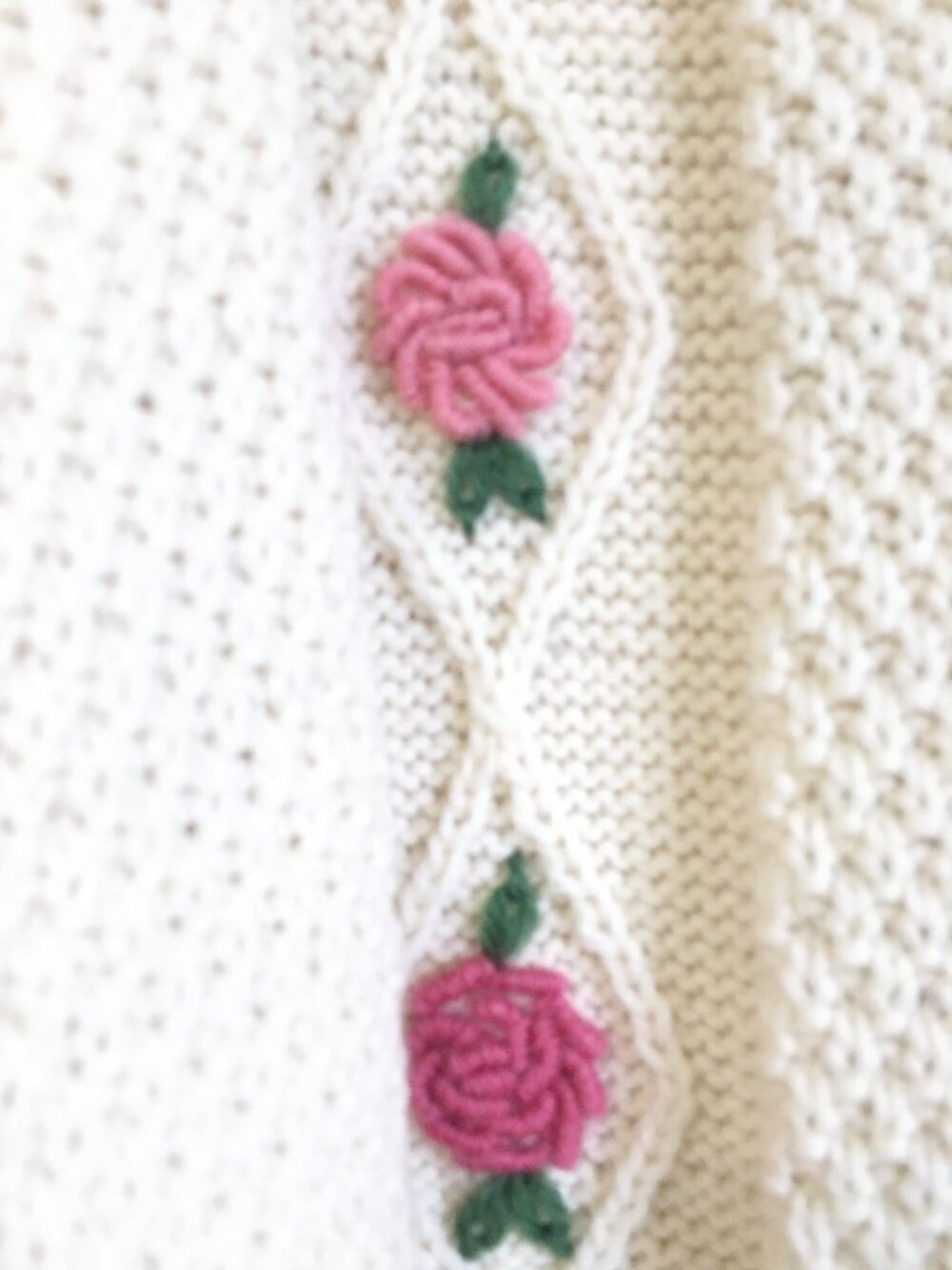 Vintage Hand-Knit 3D Rose Cardigan Sweater Cream Cottagecore Mori Kei - Picture 8 of 16